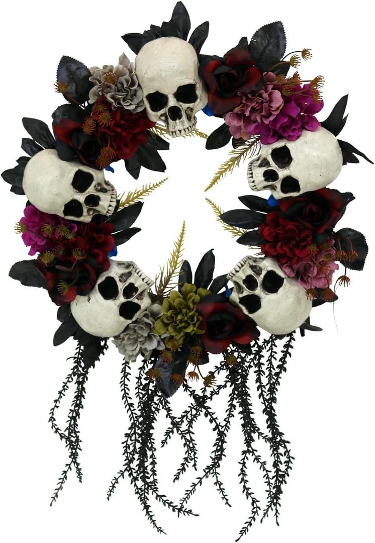 Haunted Hill Farm 24-In. Hanging Wreath with Skulls, Fall Flowers, and Vines, Front Porch Decor, Indoor or Covered Outdoor Halloween Decorations, Halloween Party Decorations for Door, Wall, or Windows
