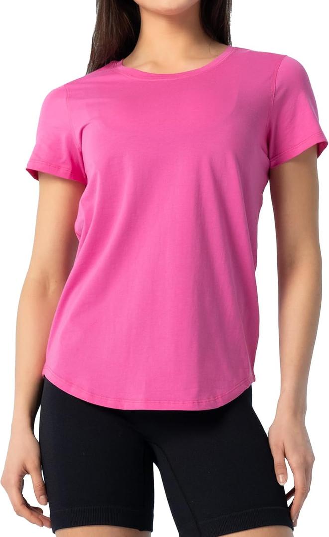 Women's Pima Cotton Short Sleeve Workout Shirt Athletic Yoga Tops Curved-Hem Crewneck T-Shirt (Pink, XL)