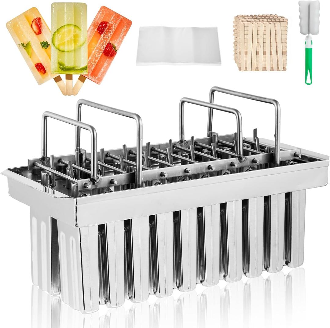 Dyna-Living Commercial Popsicle Molds 20PCS Flat Heads with Double-slot Stainless Steel Popsicle Molds Metal Ice Cream Popsicle Mold with Lid, Single Cup Capacity 85ml