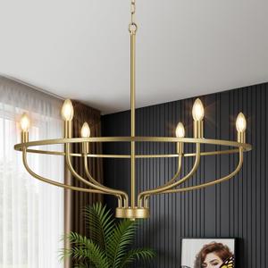 30" Gold Chandelier, 6-Light Modern Farmhouse Chandelier for Dining Room Lighting Fixtures Hanging, Candle Chandelier Light for Living Room, Kitchen Island, Bedroom and Entryway (Bulbs Not Included)