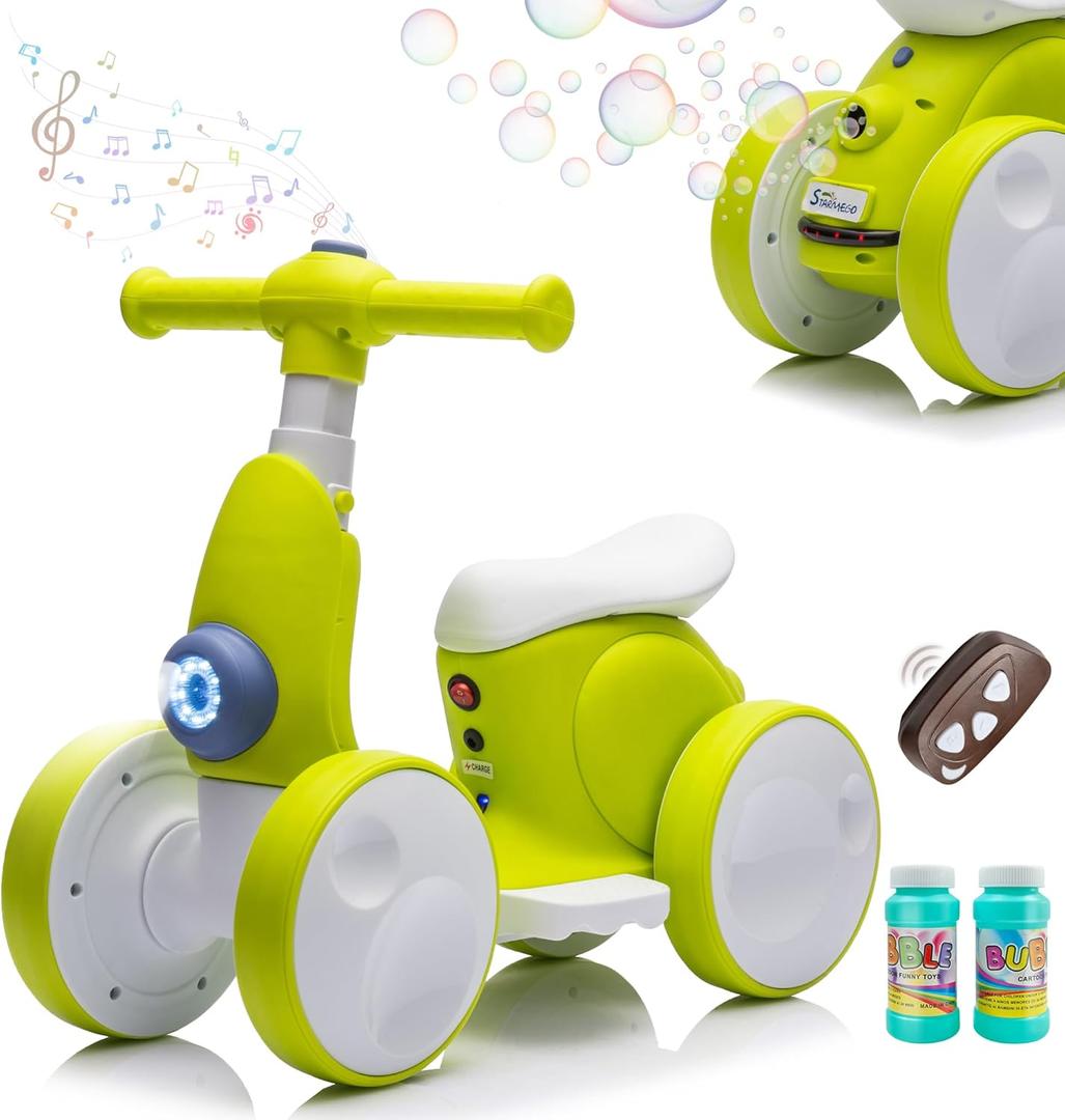 JoyRydz 6V Electric Baby Balance Bike with Bubble Machine,4 in 1 Toddler Balance Bike w/Remote Control for 1 Year Old Boys Girls Kids Bubble Bike Ride on Toys w/Powered Motor,Music,LED Lights (Cyan)