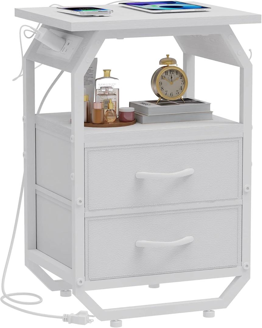 Night Stand for Bedroom, Bedside Table Nightstand with Charging Station, Couch Bed Side Table End Table with USB Ports and Power Outlets for Living Room Small Spaces (White)