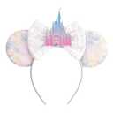 Castle Bow Headband with Floral Mouse Ears - Lightweight Sparkle Hair Accessory for Theme Park, Party & Celebration (Pink & Blue Castle)
