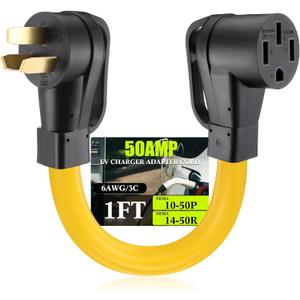 NEMA 10-50P to 14-50R EV Charger Adapter Cord 50 Amp Stove Oven to 50 Amp EV for Level 2 Charging, 3 Prong Male to 4 Prong Female Power Cord with Handle, STW 6 AWG/3C, 1FT, ETL Listed