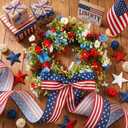 Suncalla Patriotic Wreaths with Bow 4th of July Red White Blue Flowers Outdoor for Front Door Memorial Day 250th Anniversary American Flag Large Bow Wreath for Independence Day Home Decor
