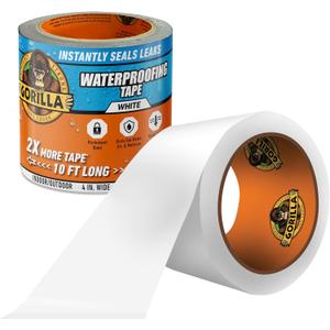 Gorilla Waterproof Patch & Seal Tape, White Tape, 4" x 10' (Pack of 1) - Permanent Weather Resistant Seal for Leaks and Repairs
