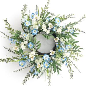 Spring Wreaths for Front Door, 24 Inch Spring Door Wreath with Blue White Wildflower, Spring Wreath for Farmhouse Outdoor Porch Home Wall
