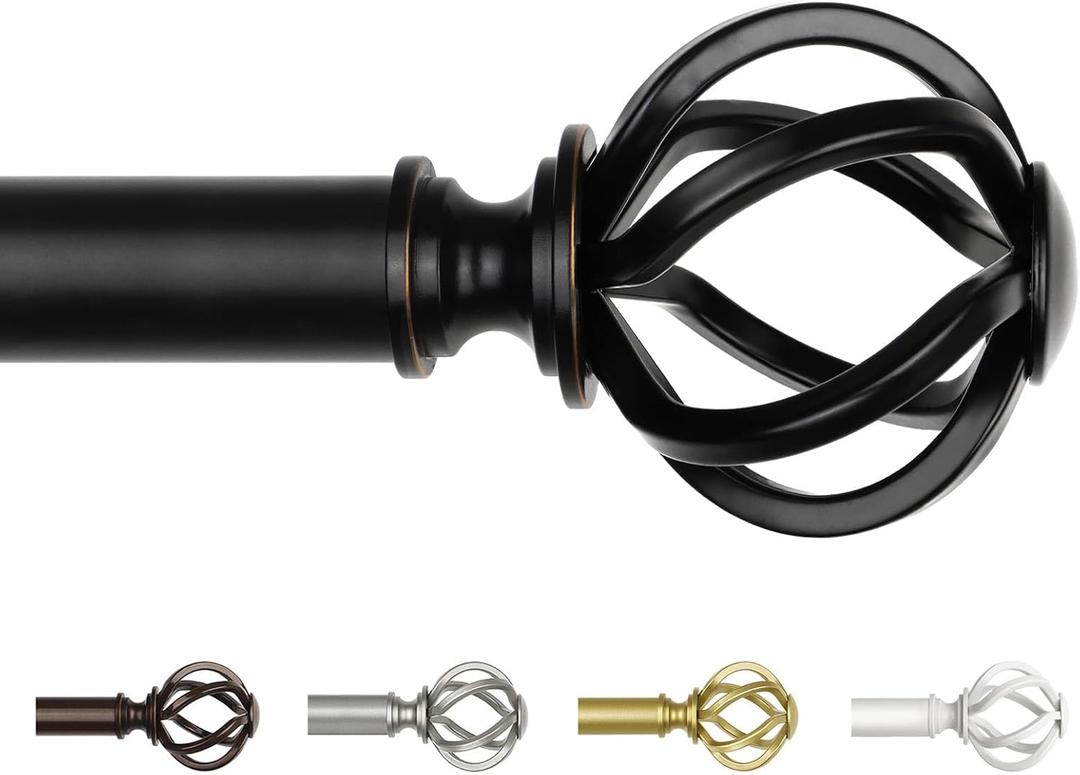 Black Curtain Rods 32 to 58 Inches (2.6 to 4.8 ft), USFOOK Heavy Duty Curtain Rod, 7/8 Inch Telescoping Splicing Drapery Rods for Windows with Twisted Cage Finials (32-58")
