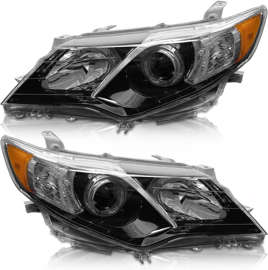 AS for 2012 2013 2014 Toyota Camry L/Se/Le/Xle/Hybrid Headlights Assembly Replacement Black Housing Amber Reflector Clear Lens Driver and Passenger Side
