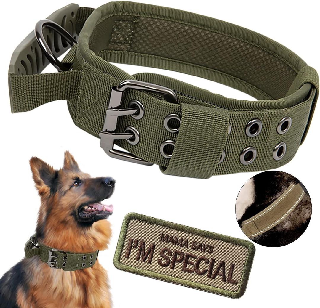 Tactical Dog Collar with Handle - Military Adjustable Dog Training Collar Soft Nylon and Heavy Duty Metal Buckle for Medium Large Dogs - with Patch (Green with Patch, X-Large)
