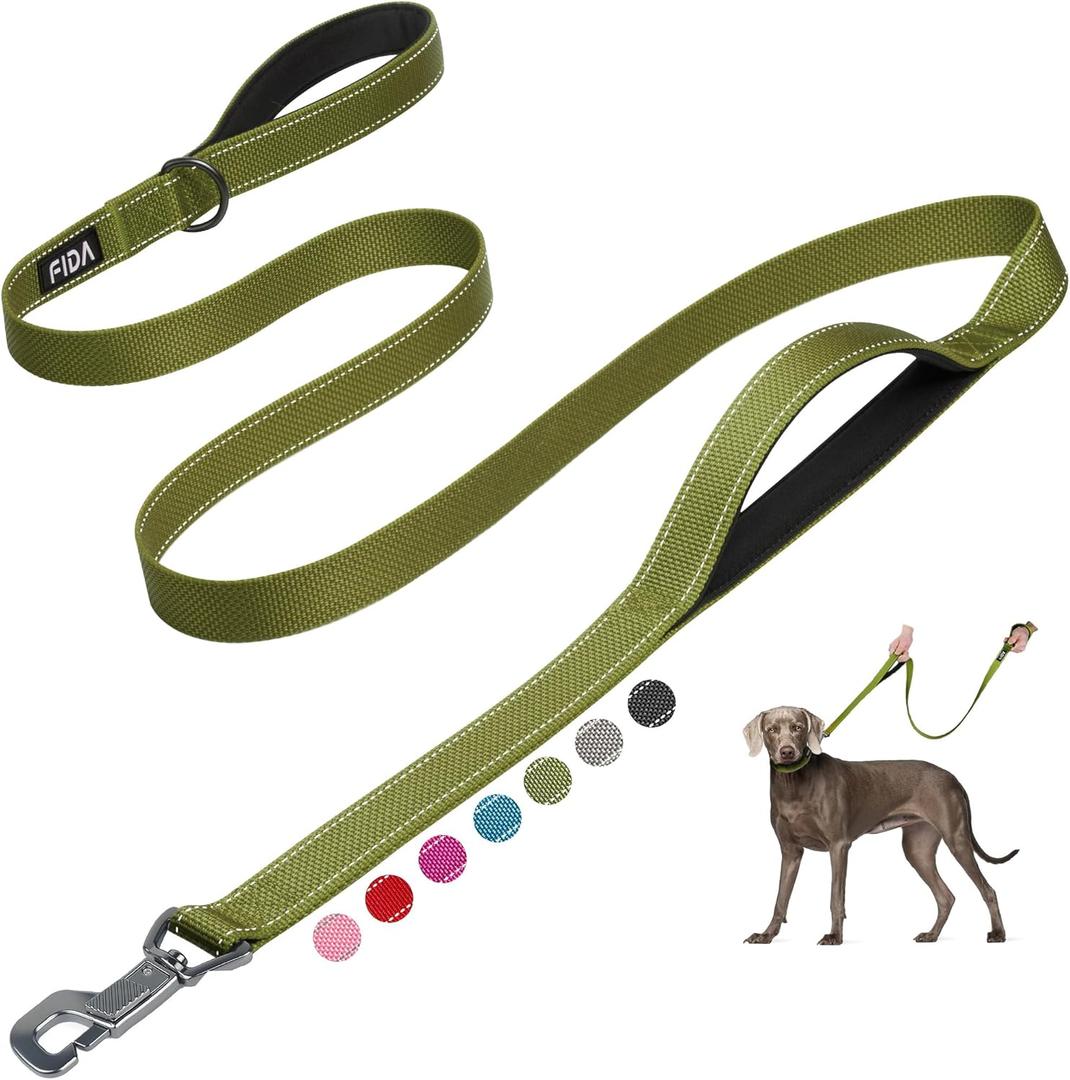 Fida 6 FT Heavy Duty Dog Leash with 2 Comfortable Padded Handles, Traffic Handle & Advanced Easy Snap Hook, Reflective Walking Lead for Large, Medium & Small Breed, Green (6 Feet (Pack of 1))