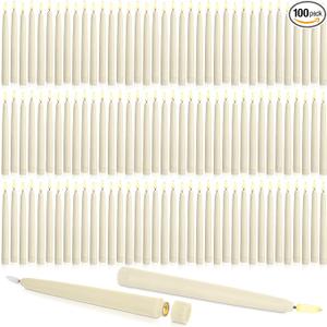 Baquler 100 Pcs Flameless Taper Candles LED Taper Candles Flickering Bulk Ivory LED Candlestick for Easter Wedding Church Halloween Christmas Party Decor Table Centerpiece, 8.5 in, No Batteries