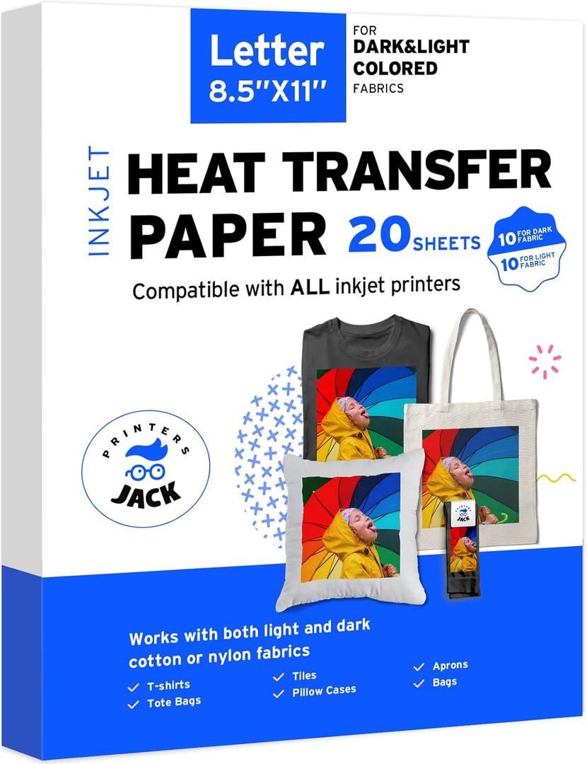 Printers Jack Iron-On Heat Transfer Paper Dark & Light Bundle, 10 for Dark Fabric + 10 for Light Fabric, 8.5"x11.7" T-Shirt Transfer Paper for Inkjet Printer Wash Durable, Long Lasting Transfer