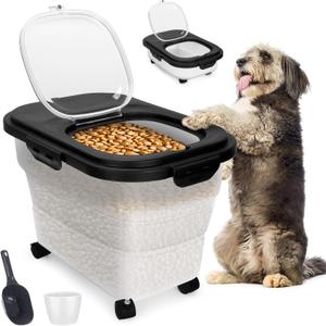 Dog Food Container, Collapsible Pet Food Storage Container 17-20 lb with Rolling Wheels & Airtight Lid, Plastic Storage Bin With Dog Food Scoop and Measuaring Cups (Black)