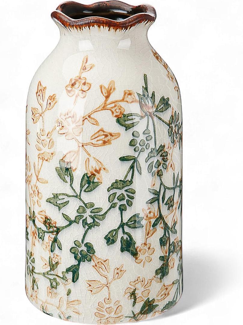 Green Vintage Vase Ceramic Crackle Floral Vase for Farmhouse Retro Home Bookshelf Living Room Table Centerpiece Decor(Rustic)