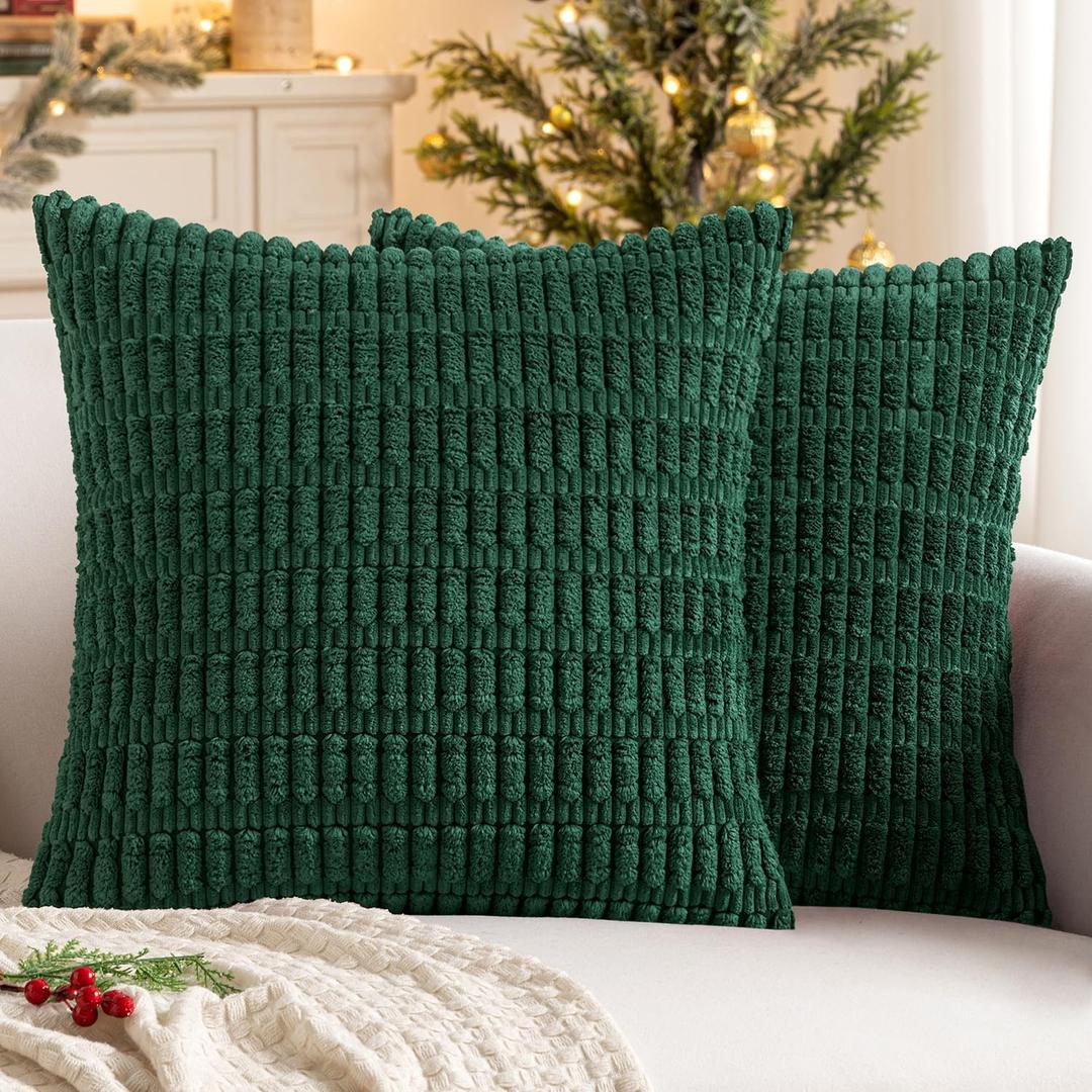 MIULEE Pack of 2 Dark Green Corduroy Decorative Pillow Covers 16x16 Inch Soft Boho Striped Throw Pillow Covers Modern Farmhouse Home Decor for Sofa Living Room Couch Bed