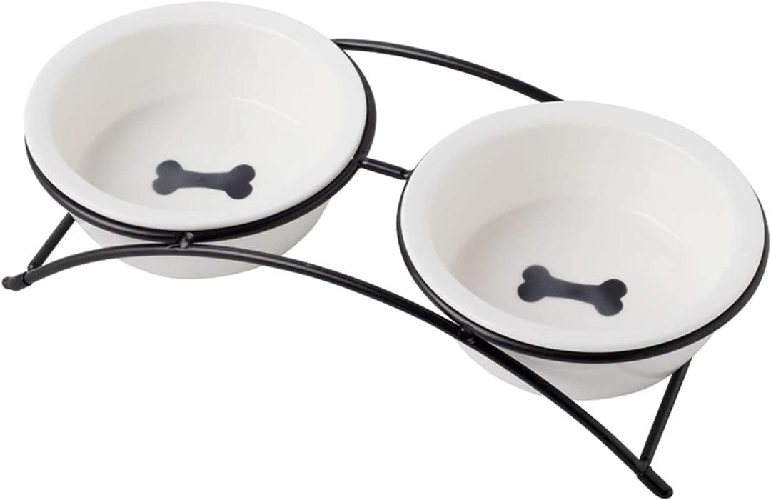 Cat & Dog Bowls - Ceramic Elevated Pet Raised Cat Food Bowls Set, 12 Ounce Small Dogs Bowls, Dishwasher Safe (2 Bone Pattern bowls & Black Stand)