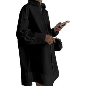 Women's Button Down Shirt Dress - Long Sleeve Business Casual Office V Neck Midi Tunic Tshirt Dress (No Pocket) Large