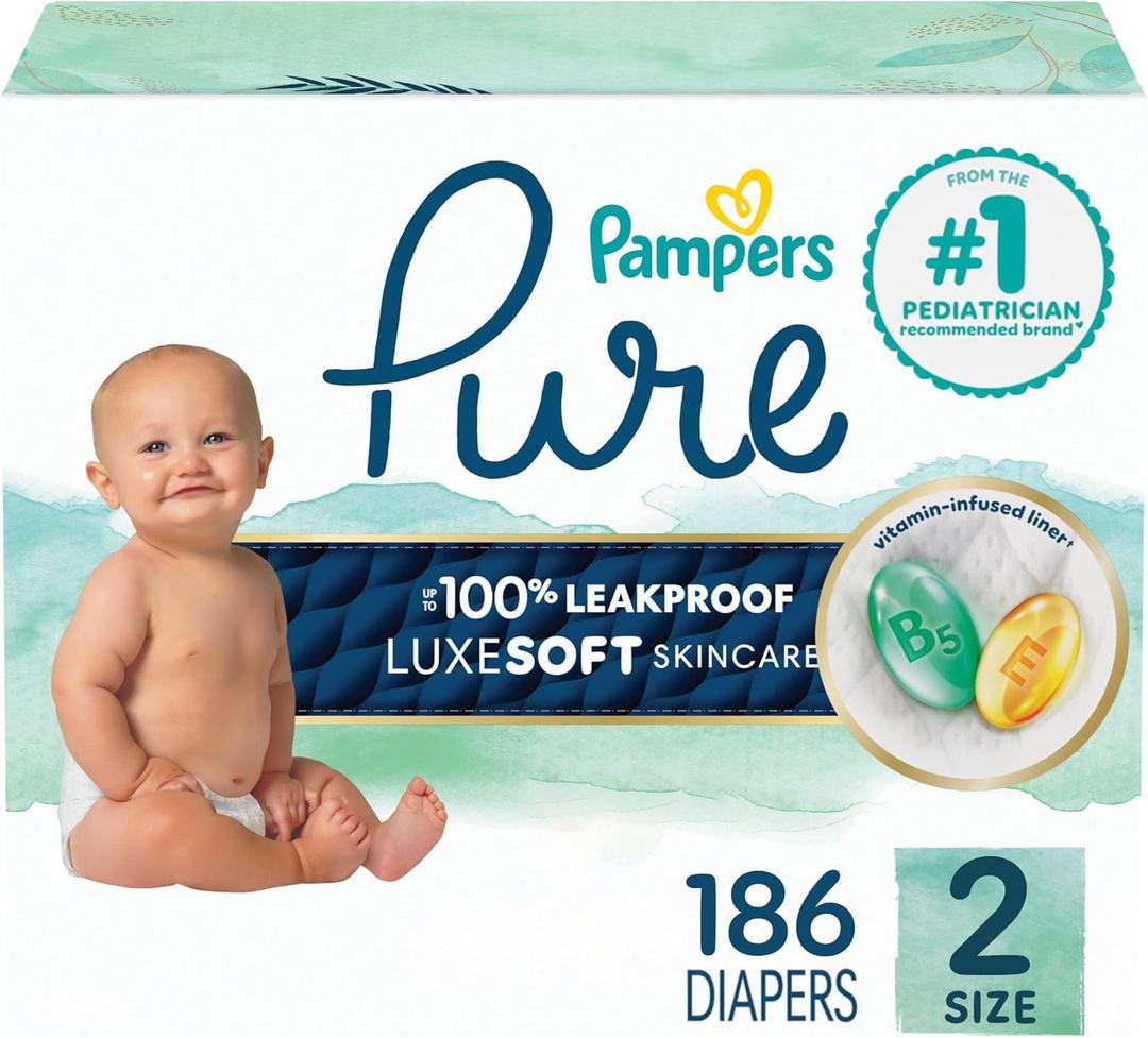Pampers Pure Baby Diapers, Size 2 (12-18 lbs), 186, Up to 100% Leakproof, Premium Hypoallergenic Soft Diapers, 6-pack