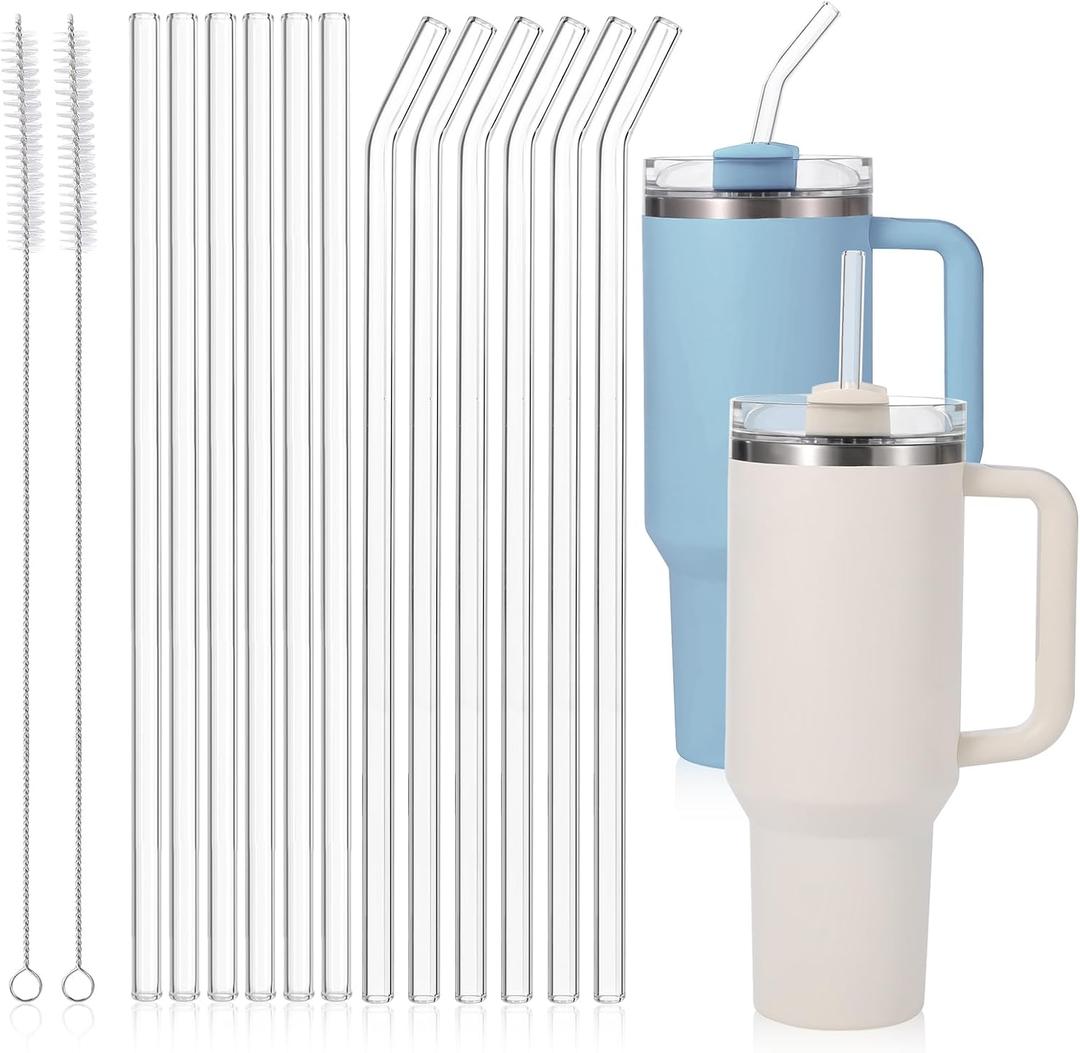[12 Pcs] Replacement Glass Straws for Stanley - Compatible with Stanley 40 oz 30 oz Cup Tumbler,12" x 10mm Reusable Clear Glass Straw with 2 Cleaning Brush for Cup Accessories