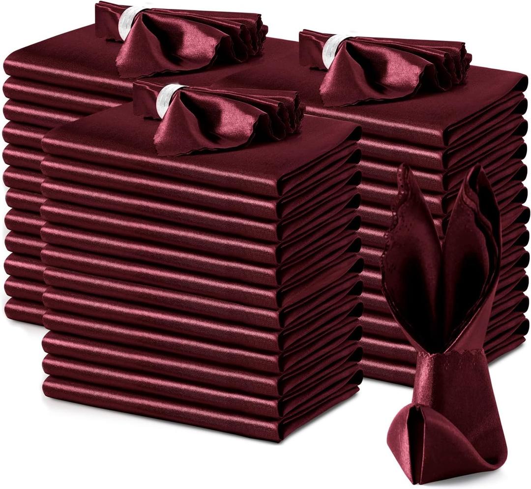 VACVELT Burgundy Satin Napkins, 100 Pack, 17x17 Inch, Square, Wedding Napkins, Satin Fabric, Luxury, Reusable, Machine Washable