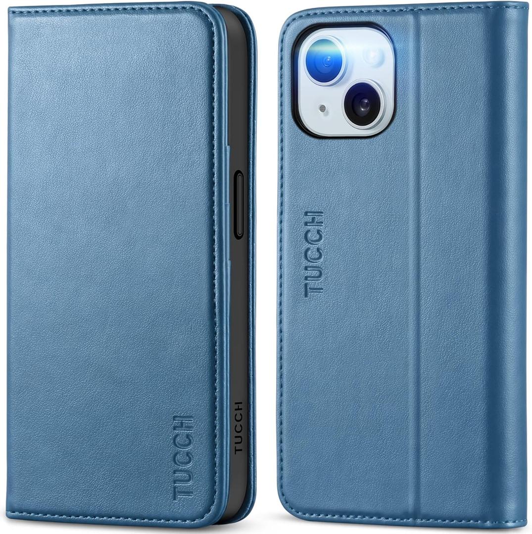 TUCCH Case for iPhone 15 Wallet Case 6.1", Kickstand PU Leather Folio Cover with RFID Blocking 3 Card Slots, Stand Book Design [Shockproof TPU Interior Case] Compatible with iPhone 15 2023, Light Blue