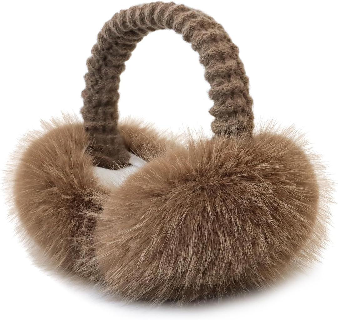 Winter Ear Muffs Women Foldable Faux Fur Earmuffs Knitted Headband Ear Warmer Outdoor Ear Cover For Girls (Brown)
