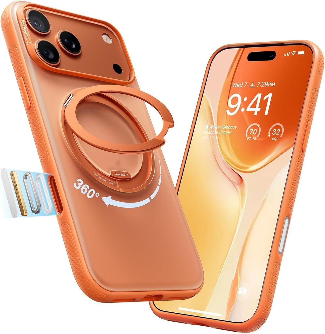TORRAS 360 Magnetic Stand for iPhone 17 Pro Case, [Fit for MagSafe] [Rotatable Ring Kickstand] [4X Mil-Grade Shockproof] Slim Phone Cover, Camera Button, Cosmic Orange, Translucent, Ostand O3 Fitness