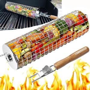 Rolling Grilling Baskets for Outdoor Grill, Thickened SUS304 Stainless Steel, REMOVABLE HANDLE, Round Cylinder BBQ Grill Basket for Veggies Fish Meat, Barbeque Griller Accessories Gifts for Men Dad