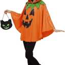 Hooded Adult Pumpkin Poncho Costume for Women - 2025 Christmas Jack-O'-Lantern Poncho & Candy Bag, One Size (Orange)