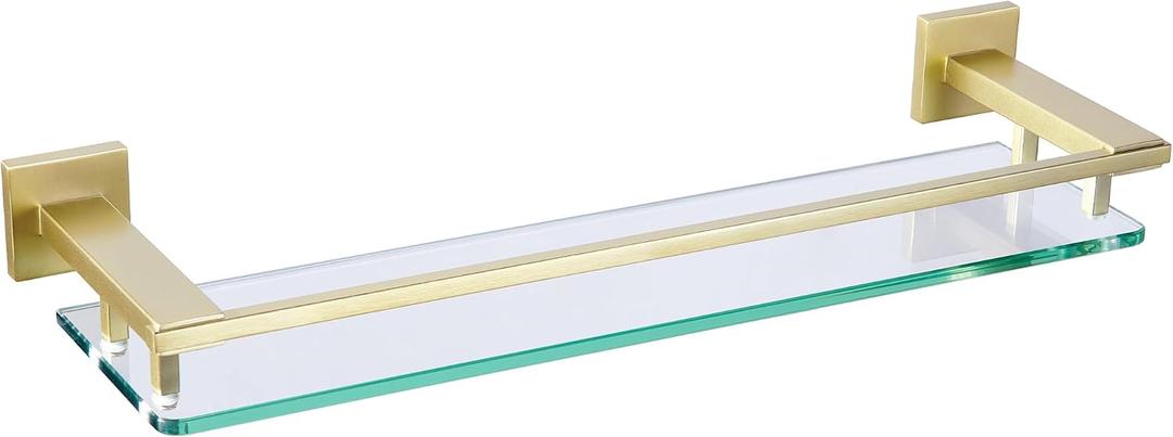 LANC Gold Bathroom Shelf Glass Shelves 20-Inch Floating Tempered Glass Shelf Rectangular Modern Stainless Steel Wall Mounted Cologne Shelves for Men Shower Bathroom Kitchen OrganizersA7613BG, 53 cm x 19 cm x 20 cm