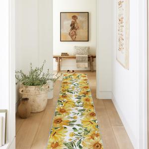 Artoid Mode Yellow Daisy Summer Floral Runner Rug, Spring Home Decor Low-Profile Non-Slip Washable Area Rug for Kitchen Entryway Bedroom Living Room Laundry Room Indoor 2x10 Feet