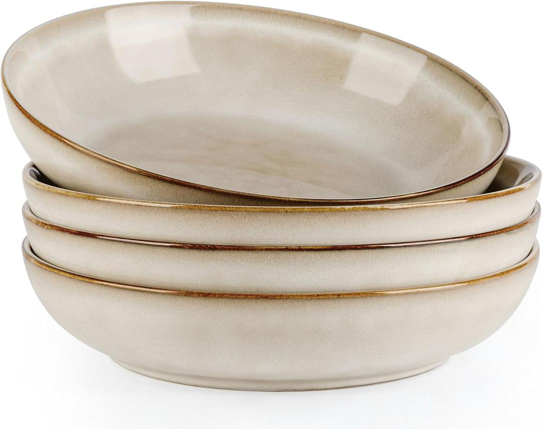 AmorArc 8.5'' Large Pasta Bowls, 36oz Ceramic Salad Serving Bowls Set of 4 for Kitchen, Wide Stoneware Bowls for Pasta,Salad,Fruit,Bread, Microwave Safe, Cappuccino