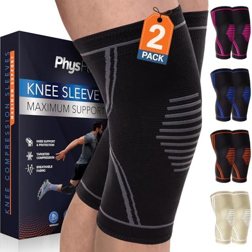 PhysFlex Knee Brace for Pain Relief - 2 Pack Knee Compression Sleeves for Men and Women - Support for Weightlifting, Gym, Workout, Volleyball - Meniscus Tear, ACL, Arthritis (Black, Small)