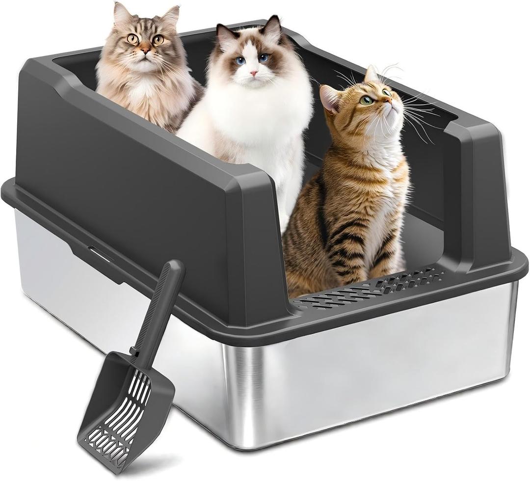 Jumbo Stainless Steel Cat Litter Box, Open Top Litter Box with 13.7" High Sides to Stop Scatter, Large Cat Litter Box for Multiple Cats, Easy Clean & Odor Resistant, Includes Scoop,Extra Large Dark Gray, For Maine Coon & Multiple Cats(28"x20")