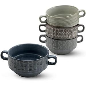 American Atelier Soup Bowls with Handles | Set of 4 | 16-Oz Glazed French Onion Soup Bowl | Stackable Serving Bowls for Stew, Pasta, Chili | Stoneware, Dishwasher & Oven Safe (Assorted Geometric)
