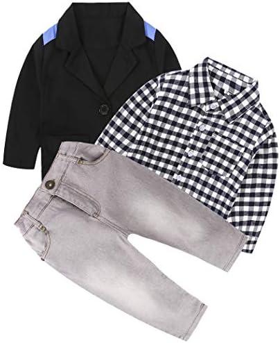 MYGBCPJS 3Pcs Boy Handsome Outfit Set Plaid Shirt + T-Shirt + Suspender Jean Sets Size 2