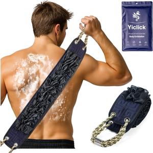 Yiclick Back Scrubber for Shower, Exfoliating Washcloth Towel with Handle, Body Scrubber Exfoliator, Bath Sponge Loofah Luffa, Back Washer Wash Cloth for Men Women, Korean Exfoliate Body Scrub (Blue)