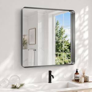 30x30 Inch Black Bathroom Mirror Metal Framed, HD Tempered Glass