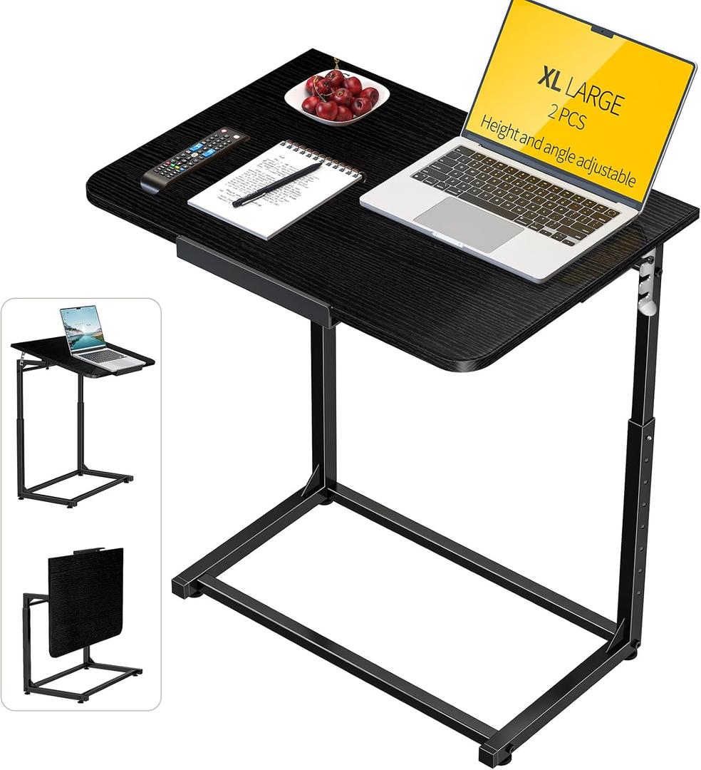 Tv Tray Table Set of 2,Extra Large Dinner Food Tray Table,Couch&Bed Eating Desk,Heavy Duty Folding Laptop Side Table with 8 Height&90° Tilt Adjustable,C-Shaped End Table with Phone Slot Black, 2 Pack