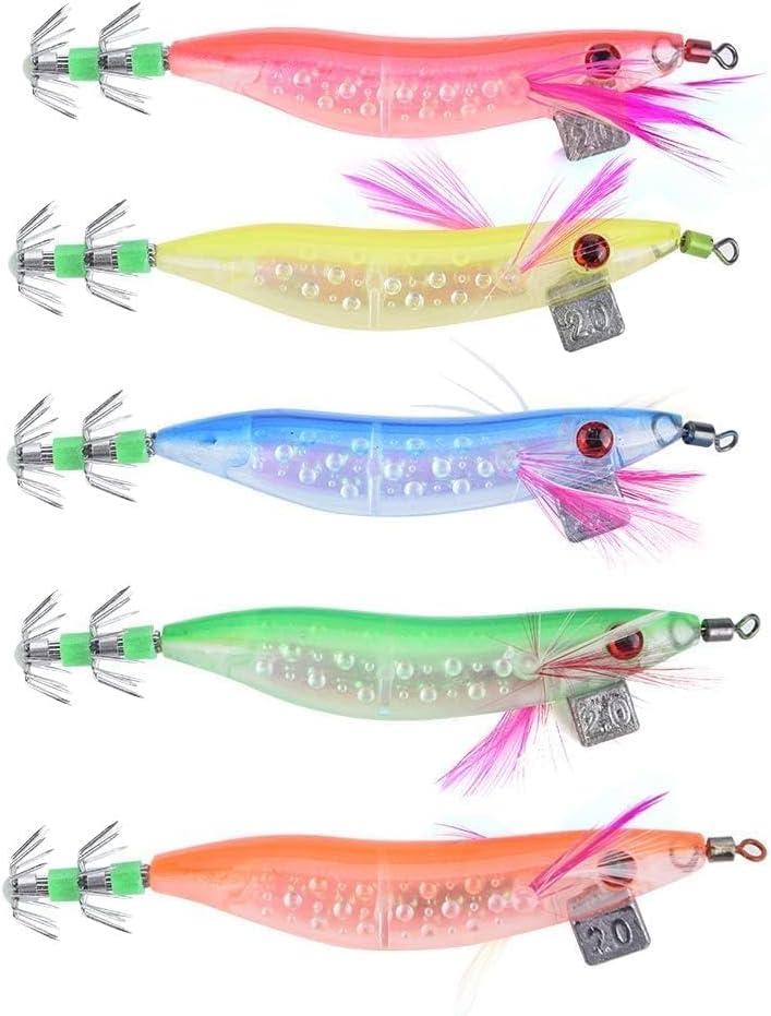 Squid Jig, Luminous Floating Jig Hooks, 5PCs Luminous Fishing Bait Set Lures Squid Crawfish Bass Fishing Lures Saltwater Squid Hook Shrimp Lure Bait Fishing Tackles