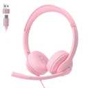 USBC/USBA Wired Headset with Noise Cancelling Microphone | OnEar Office Headphones for PC/Laptop | Mute Button & AllDay Comfort for Call Center, Video Conferencing, Remote Work,Online ClassPink