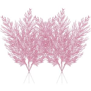 Christmas Glitter Stems 24pcs Artificial Pine Tree Picks for Christmas Tree Ornaments fillers, DIY Xmas Wreath, Crafts, Garland, Holiday, Party, Wedding and Home Decoration (Pink)