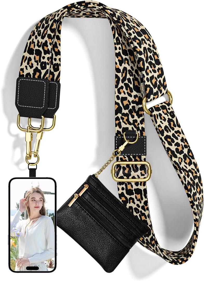 Nipichsha Crossbody Phone Strap with Wallet, Clip and Go Strap for Phone with Wallet, Adjustable Crossbody Cell Belt with Zippered Pouch, Neck Shoulder Cell Lanyard for Women, Black Leopard
