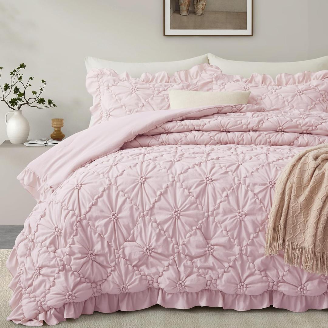 BEDAZZLED Queen (90”*88“) Size Comforter Sets, Pink Bedding Comforter Set, 3 Pieces Pinch Pleat Bedding Sets with Comforter and Pillowcases Soft Farmhouse Shabby Chic Comforter for All Seasons