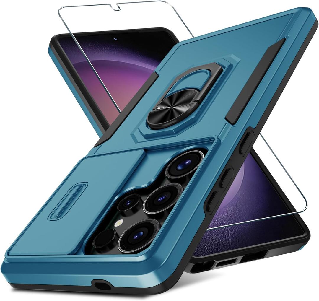 Compatible with Samsung Galaxy S24 Ultra Case Built in Slide Camera Lens Cover+Screen Protector+Ring Holder,Heavy Duty Shockproof Full Body Phone Cover,2024 Blue