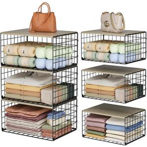 Extra-Long, Low-Profile Closet Organizers and Storage with Wood Top, 3 Pack Stackable Closet Shelf Organizer, Space-Saving Clothes Storage Bin for Wardrobe & Bedroom & Small Spaces, Sturdy Metal Black