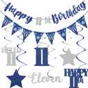 Blue Silver 11th Birthday Decorations for Boys Girls, Happy 11th Birthday Banner Eleven Years Old Hanging Swirls Stars Hello 11 Bday Decorations Party Supplies Sign