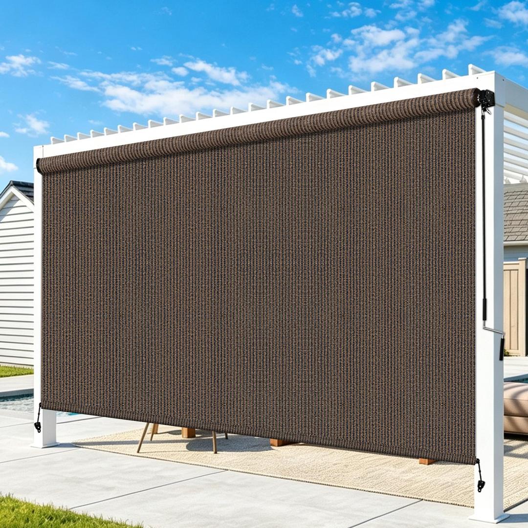 Outdoor Roller Shades for Patio, Mocha 11' W x 8' H Cordless Patio Shades Roll Up Outdoor Blinds with Splicing Design, 90% UV Protection for Porch Gazebo Pergola