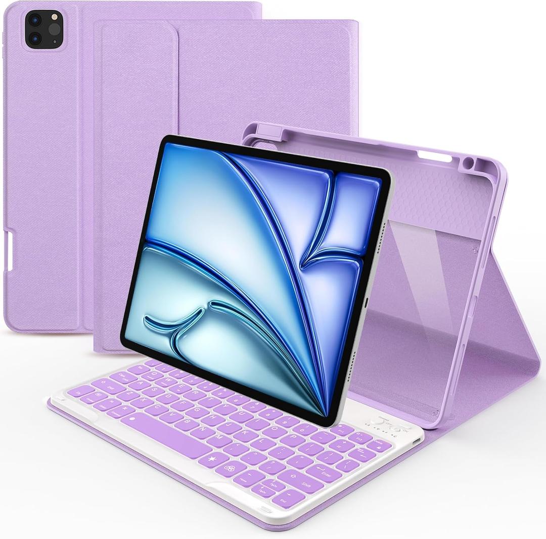 Keyboard Case for iPad Air 11 inch (M3/M2, 2025/2024)/ iPad Pro 11 inch (1st, 2nd, 3rd, 4th Gen)/ iPad Air 5th 4th Generation, 7 Colors Backlit Detachable Wireless Keyboard Cover with Pencil Holder (Purple)